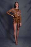 Buy_Seesa_Brown Viscose, Satin Embroidery Collared Floral Hand Top _at_Aza_Fashions