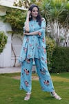 Buy_AFFROZ_Blue Georgette Printed Summer Bloom Open Kimono Shirt And Trouser Set _at_Aza_Fashions