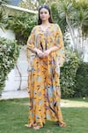 Buy_AFFROZ_Yellow Georgette Printed Floral V Neck Kaftan Jumpsuit _at_Aza_Fashions