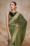 Label Varsha Green Viscose, Velvet Boat Neck Stripe Woven Saree With Blouse Online at Aza Fashions Label Varsha_Green Viscose, Velvet Boat Neck Stripe Woven Saree With Blouse_Online_at_Aza_Fashions