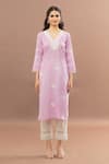 Buy_Kalakaari By Sagarika_Pink Cotton, Kota Doria Lace V-neck Lined Kurta Set With Dupatta _Online_at_Aza_Fashions