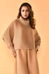 Crimp_Beige 100% Polyester Textured Turtleneck Batwing Sleeve Top With Pant _Online_at_Aza_Fashions