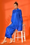 Shop Crimp Blue Polyester Shawl Neck Textured Button Down Tunic With Pant at Aza Fashions Shop_Crimp_Blue Polyester Shawl Neck Textured Button Down Tunic With Pant_at_Aza_Fashions