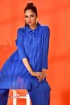 Crimp_Blue Polyester Shawl Neck Textured Button Down Tunic With Pant_Online_at_Aza_Fashions