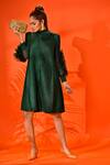 Buy_Crimp_Emerald Green Polyester Applique Round Neck Ruched Sleeve Dress_at_Aza_Fashions