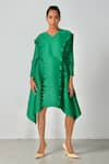 Buy_Crimp_Emerald Green 100% Polyester Plain V Neck Sunset Asymmetric Dress _at_Aza_Fashions