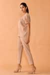 Crimp_Beige 100% Polyester Embroidery Cord Vertical Pleated Top And Pant Set _Online_at_Aza_Fashions