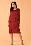 Shop_Crimp_Maroon Polyester Tassels Round Neck Fringe Embroidered Dress _at_Aza_Fashions