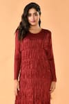 Crimp_Maroon Polyester Tassels Round Neck Fringe Embroidered Dress _Online_at_Aza_Fashions
