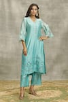 Buy_Surabhi Arya_Blue Silk, Chanderi Embroidery V-neck Thread Hand Kurta And Palazzo Set _at_Aza_Fashions