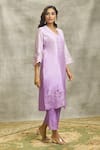 Surabhi Arya_Purple Silk Chanderi Hand Embroidered Floral Cutwork V Neck Kurta And Palazzo Set _at_Aza_Fashions