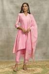 Buy_Surabhi Arya_Pink Silk, Chanderi Embroidery V-neck A-line Kurta Palazzo Set _at_Aza_Fashions