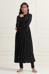 Shop_Ikshita Choudhary_Black Cotton Embroidery, Sequins, Zari Round Neck Gathered Anarkali Set_Online_at_Aza_Fashions