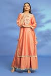 Buy_OMI_Peach Silk Chanderi Hand Embroidered Mukaish Notched Yoke Tunic _at_Aza_Fashions