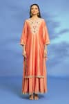 OMI_Peach Silk Chanderi Hand Embroidered Mukaish Notched Yoke Tunic _Online_at_Aza_Fashions