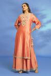 Buy_OMI_Peach Silk Chanderi Hand Embroidered Mukaish Notched Yoke Tunic _Online_at_Aza_Fashions