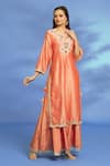 Shop_OMI_Peach Silk Chanderi Hand Embroidered Mukaish Notched Yoke Tunic _Online_at_Aza_Fashions