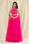 Buy_Kiyohra_Pink Net Hand Embroidered Beads Halter Jill Blouse Lehenga Set _at_Aza_Fashions