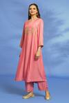 Buy OMI Pink Twill, Chiffon Embroidery Split V-neck Sleeve Kurta Pant Set Online at Aza Fashions Buy_OMI_Pink Twill, Chiffon Embroidery Split V-neck Sleeve Kurta Pant Set _Online_at_Aza_Fashions