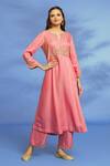 Shop OMI Pink Twill, Chiffon Embroidery Split V-neck Sleeve Kurta Pant Set Online at Aza Fashions Shop_OMI_Pink Twill, Chiffon Embroidery Split V-neck Sleeve Kurta Pant Set _Online_at_Aza_Fashions