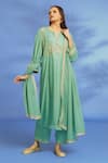 Buy_OMI_Blue Twill, Chiffon Embroidery Split V-neck Sleeve Hand Kurta Pant Set _at_Aza_Fashions