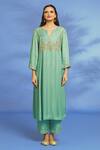 OMI_Blue Twill, Chiffon Embroidery Split V-neck Sleeve Hand Kurta Pant Set _Online_at_Aza_Fashions