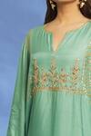 Shop_OMI_Blue Twill, Chiffon Embroidery Split V-neck Sleeve Hand Kurta Pant Set _Online_at_Aza_Fashions