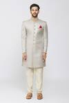 Samyukta Singhania_Beige Jacquard Silk, Pant Polyester Staple Fiber Geometric Pattern Sherwani Set_Online_at_Aza_Fashions
