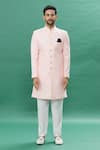 Spring Break_Pink Polyester Cotton Jacquard Butti Sherwani With Churidar Set_Online_at_Aza_Fashions