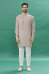 Spring Break_Multi Color 100% Cotton Printed Micro Floral Bundi Kurta Set For Men_Online_at_Aza_Fashions