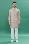 Buy_Spring Break_Multi Color 100% Cotton Printed Micro Floral Bundi Kurta Set For Men_Online_at_Aza_Fashions