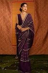 Deep Thee_Purple Silk Embroidery Floral Plunge V Varna Ada Line Saree With Blouse _Online_at_Aza_Fashions