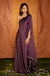 Deep Thee_Purple Silk Embroidery Zari And Pearls One Shoulder Striped Dress _Online_at_Aza_Fashions