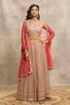 Buy_Alaya Advani_Brown Blouse Raw Silk Embroidery Mirror Notched Stripe Lehenga Set _at_Aza_Fashions