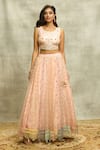 Shop_Alaya Advani_Peach Blouse Raw Silk Embroidery Thread Round Mirror Lehenga Set _Online_at_Aza_Fashions