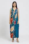 Buy_Whimsical By Shica_Blue Organza Satin Printed Dot V Neck Saree Draped Jumpsuit _Online_at_Aza_Fashions