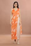 Buy_Whimsical By Shica_Orange Organza Satin Printed Maple Dot V Neck Saree Draped Jumpsuit _Online_at_Aza_Fashions