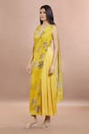 Buy_Whimsical By Shica_Yellow Organza Satin Printed Maple Dot V Neck Saree Draped Jumpsuit _Online_at_Aza_Fashions