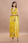 Shop_Whimsical By Shica_Yellow Organza Satin Printed Maple Dot V Neck Saree Draped Jumpsuit _Online_at_Aza_Fashions