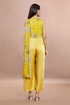 Whimsical By Shica_Yellow Organza Satin Printed Maple Dot V Neck Saree Draped Jumpsuit _Online_at_Aza_Fashions