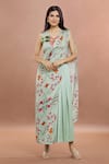 Buy_Whimsical By Shica_Blue Organza Satin Printed Bug V Neck Saree Draped Jumpsuit _at_Aza_Fashions