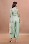 Whimsical By Shica_Blue Organza Satin Printed Bug V Neck Saree Draped Jumpsuit _Online_at_Aza_Fashions