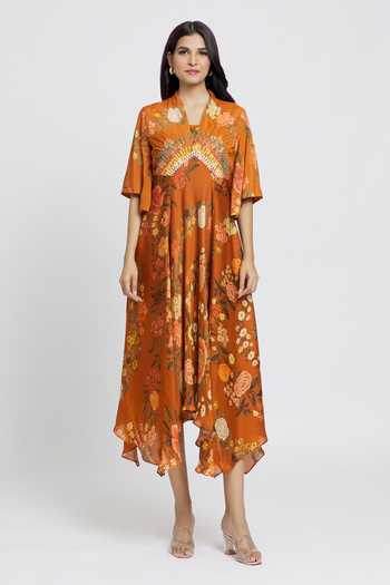 Buy_Whimsical By Shica_Orange Cotton, Silk Embroidery V-neck Flower Print Dress _at_Aza_Fashions