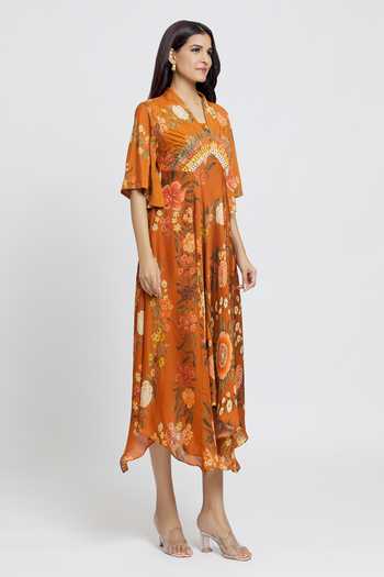 Buy_Whimsical By Shica_Orange Cotton, Silk Embroidery V-neck Flower Print Dress _Online_at_Aza_Fashions