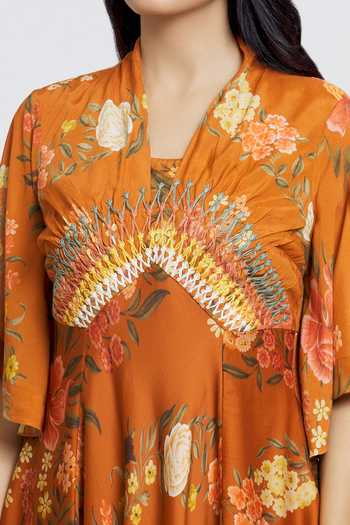 Shop_Whimsical By Shica_Orange Cotton, Silk Embroidery V-neck Flower Print Dress _at_Aza_Fashions