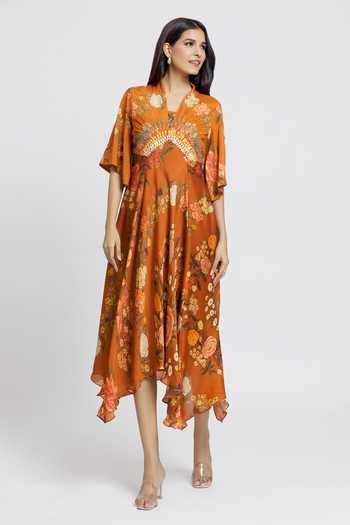Whimsical By Shica_Orange Cotton, Silk Embroidery V-neck Flower Print Dress _at_Aza_Fashions