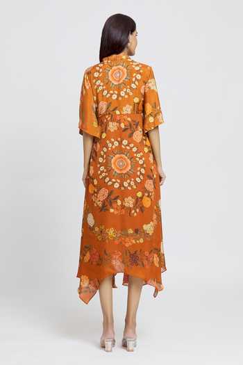 Whimsical By Shica_Orange Cotton, Silk Embroidery V-neck Flower Print Dress _Online_at_Aza_Fashions