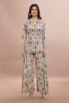 Whimsical By Shica_Beige Organza Satin Printed Doll V Neck Wrap Top With Pant _at_Aza_Fashions