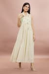 Buy_Whimsical By Shica_Off White Linen, Chanderi Embroidery Collared Placement Handpainted Dress _at_Aza_Fashions