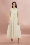 Buy_Whimsical By Shica_Off White Linen, Chanderi Embroidery Collared Placement Handpainted Dress _Online_at_Aza_Fashions